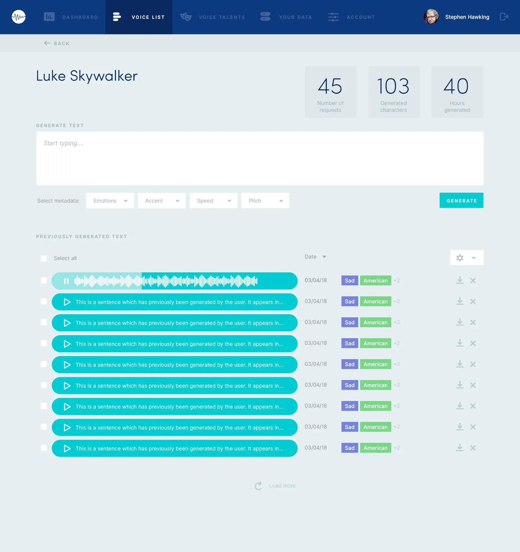 The Lyrebird app, with a list of recorded voice samples