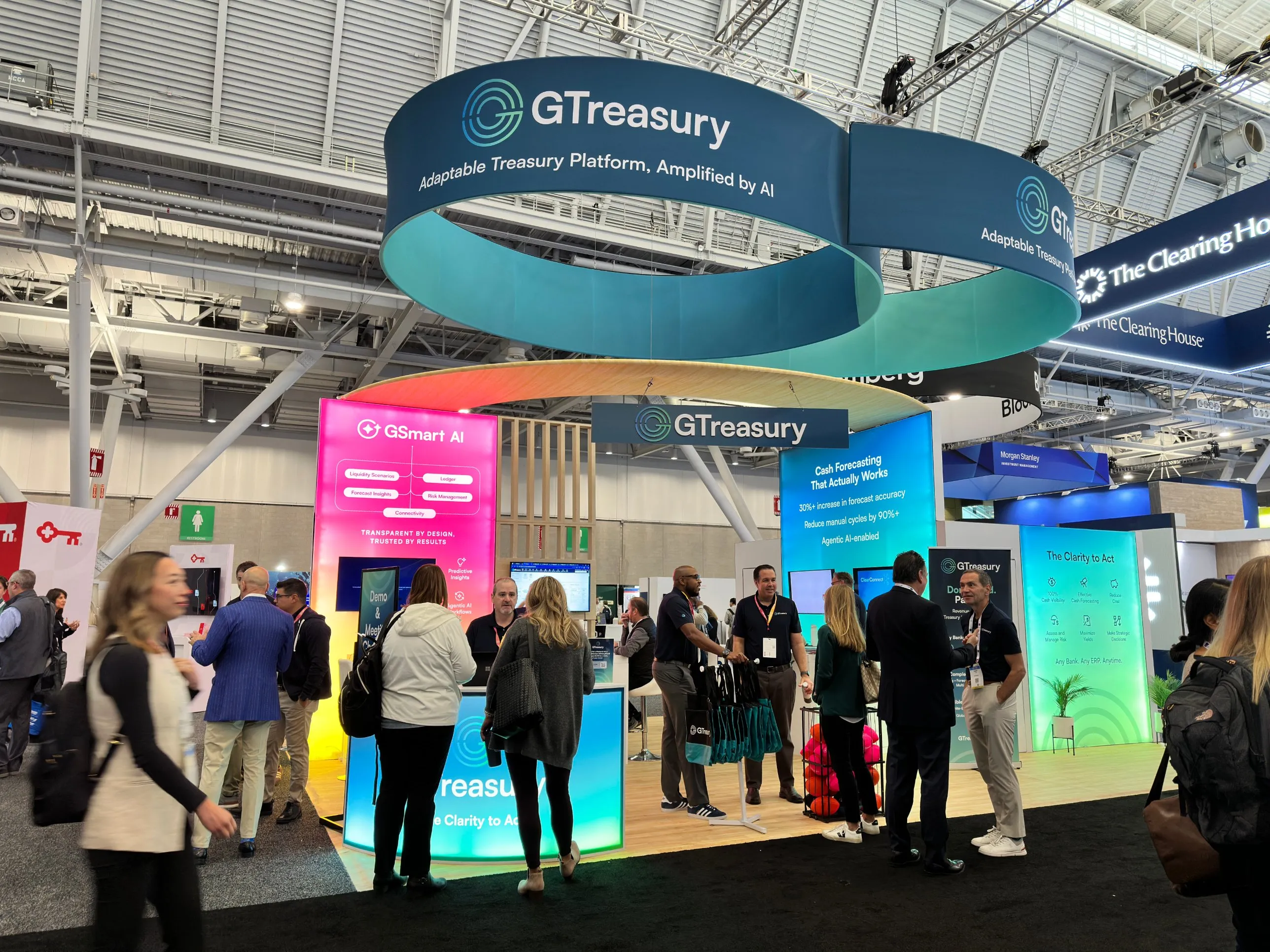 GTreasury’s backlit trade show booth, Adaptable Treasury Platform, Amplified by AI