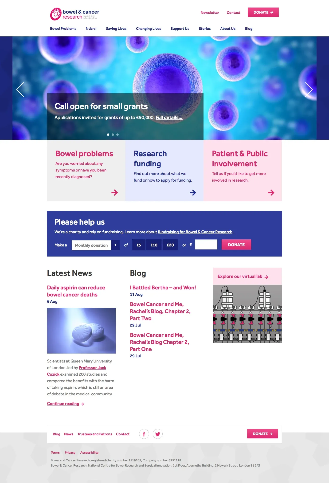 La nueva página de inicio de Bowel Cancer Research, con un diseño rosa y morado y secciones claras para noticias, investigación y formas de colaborar
