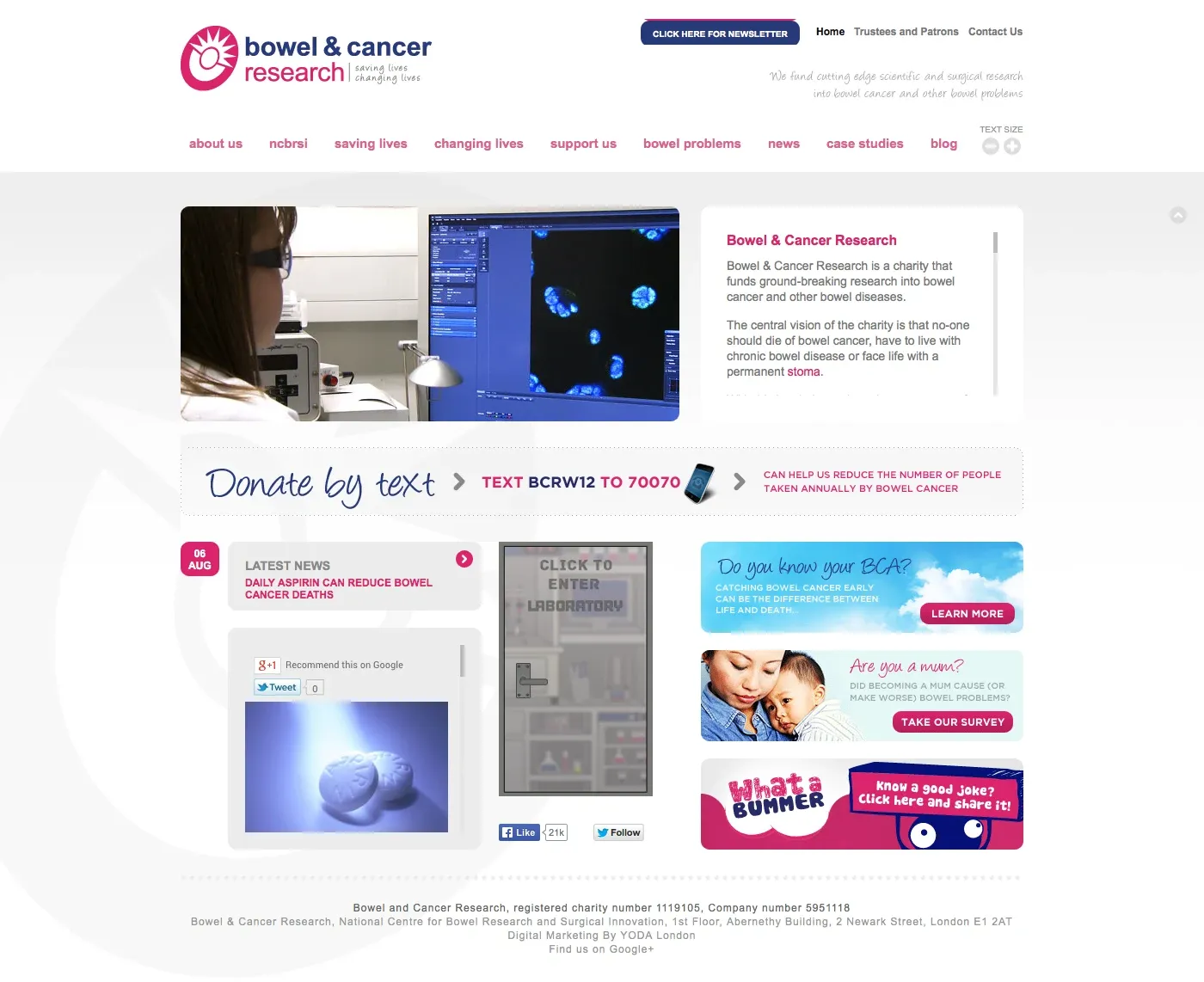 La antigua página de inicio de Bowel Cancer Research, con un diseño recargado