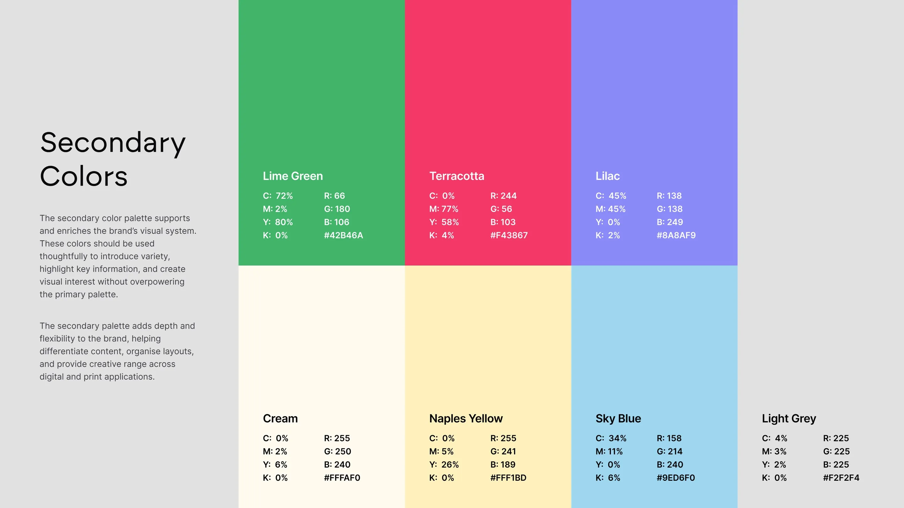 Logikcull secondary brand colours, Lime Green, Terracotta, Lilac, Cream, Naples Yellow, Sky Blue and Light Grey