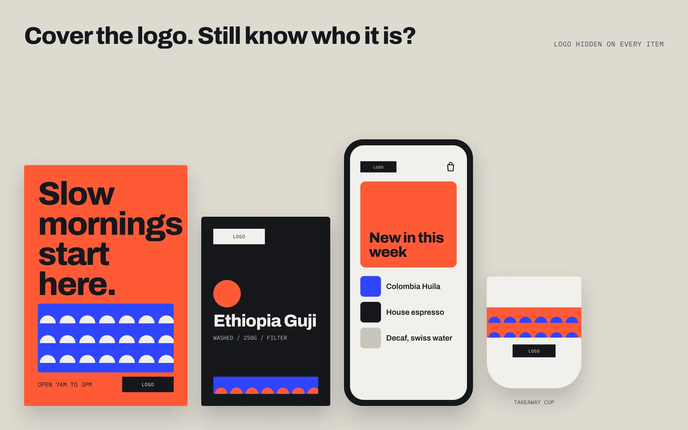 A poster, a coffee bag, an app screen and a takeaway cup for an invented coffee brand, each with the logo blocked out