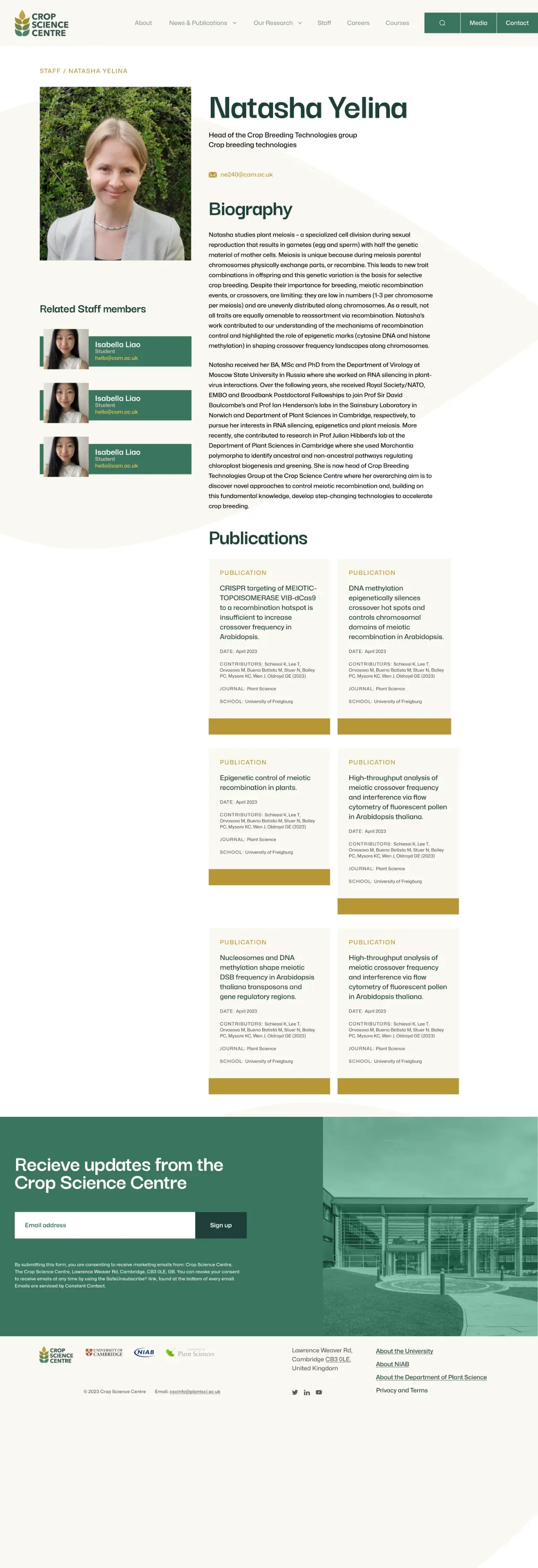 A researcher profile on the Crop Science Centre website, with their publications