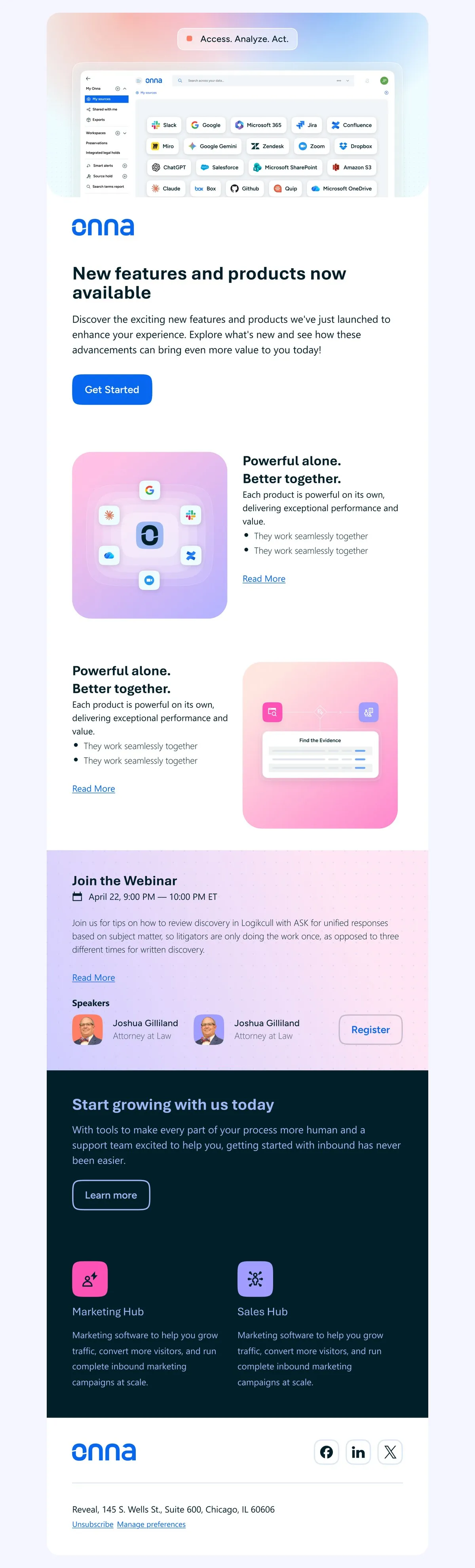 Onna product email newsletter, New features and products now available