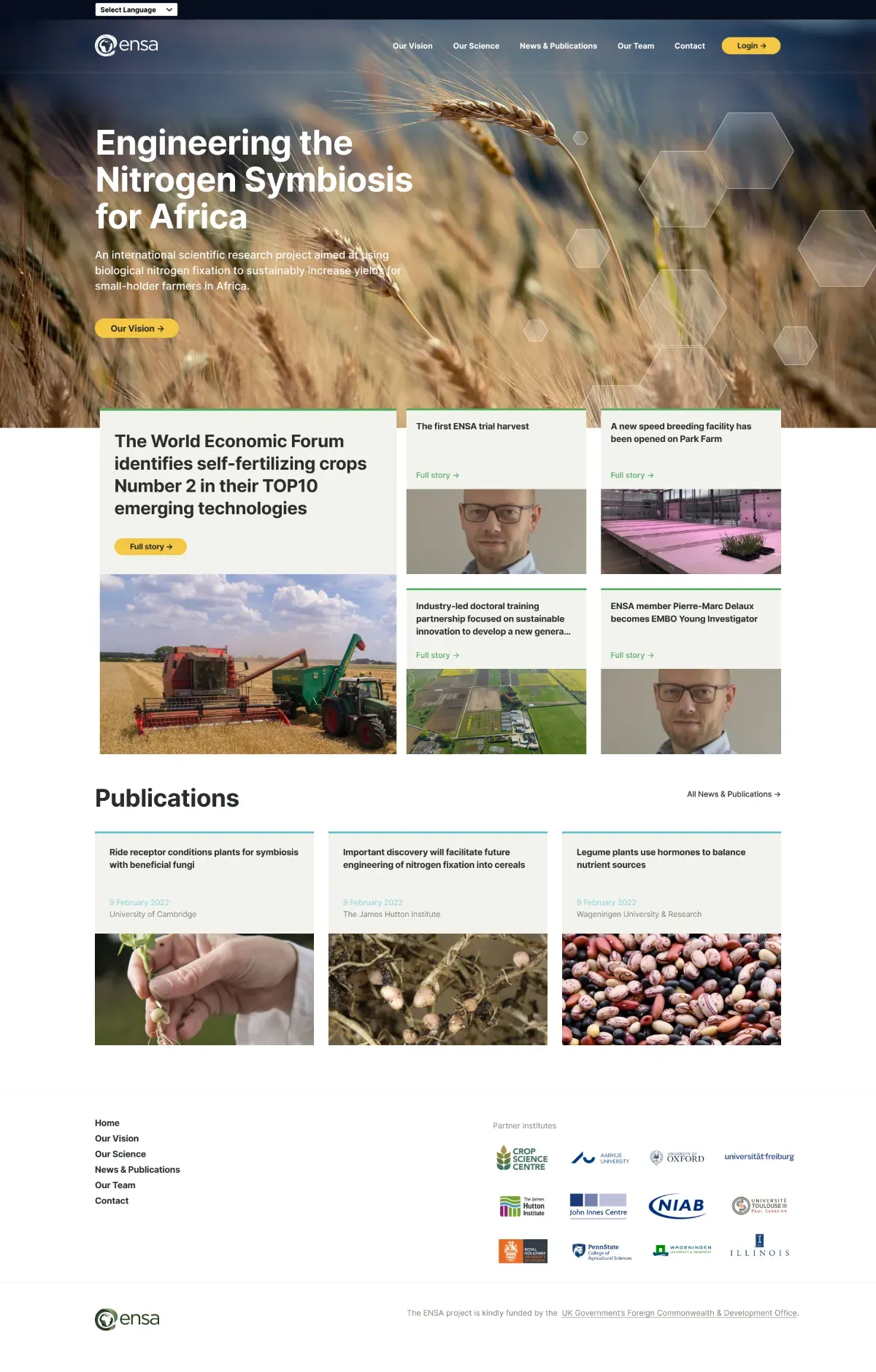 The ENSA website homepage, Engineering the Nitrogen Symbiosis for Africa