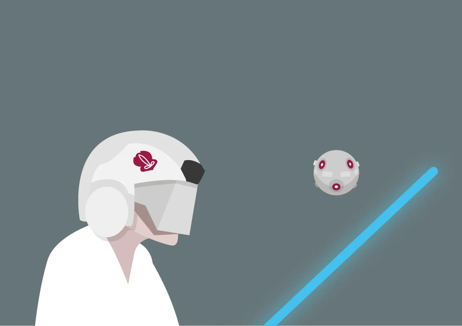 Ilustración de un Jedi con casco de entrenamiento frente a un droide flotante, con un sable de luz azul