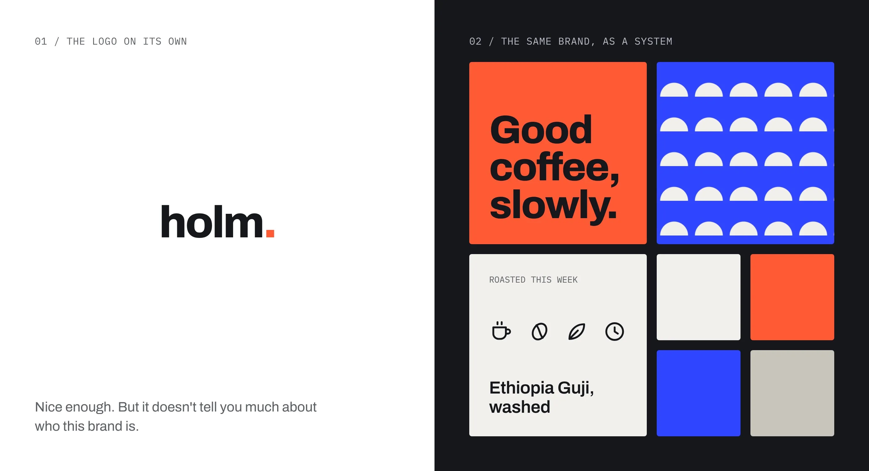 A wordmark on its own beside the same brand shown as a system of type, colour, pattern and icons