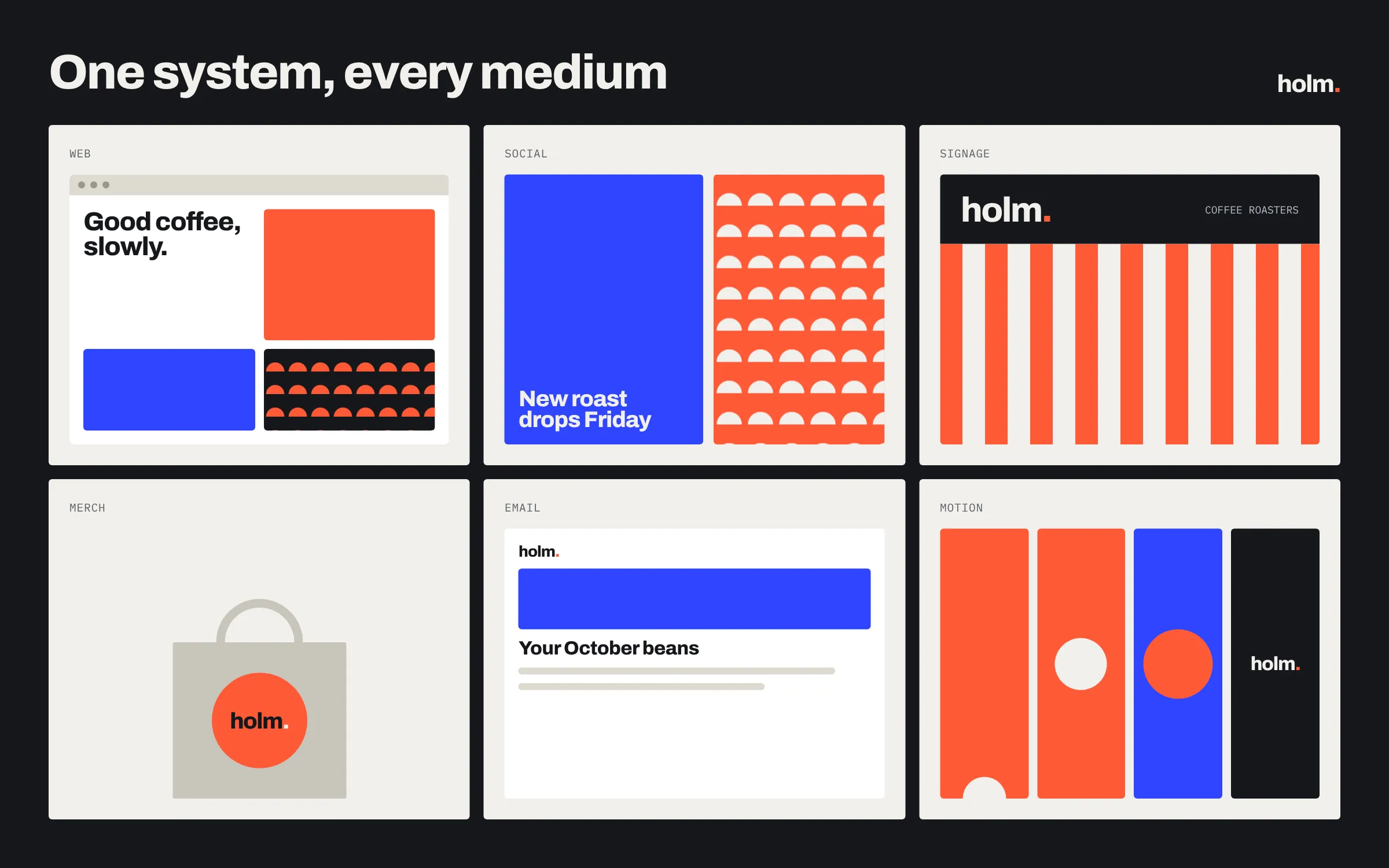 The same invented coffee brand applied to a website, social posts, shop signage, a tote bag, an email and a sequence of animation frames
