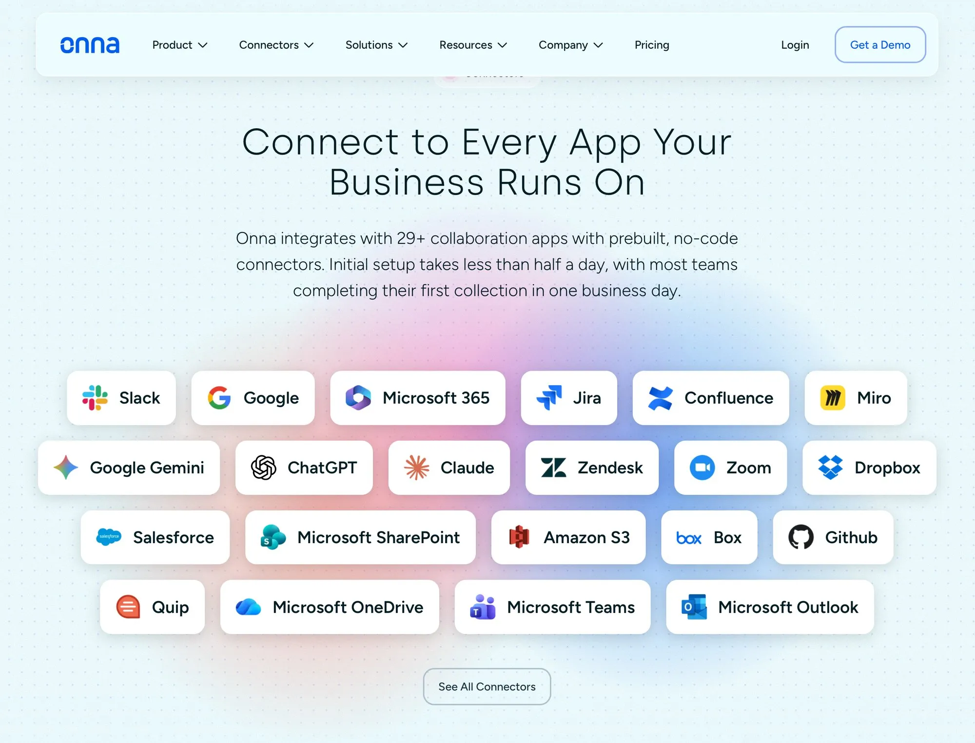 Onna connectors page, linking Slack, Google, Microsoft 365, Claude and more