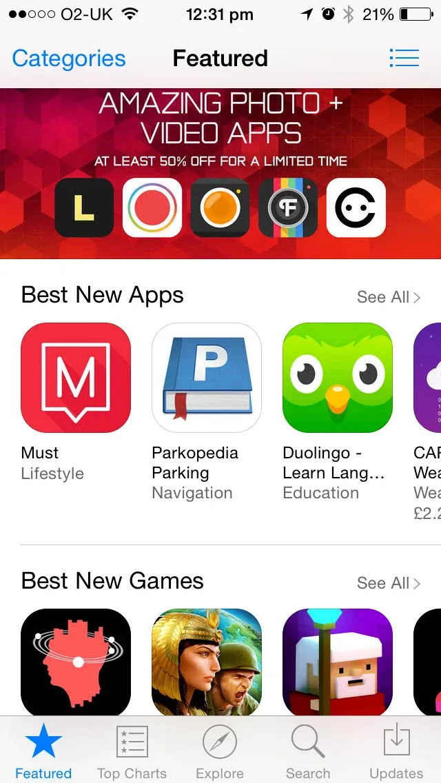 La lista de mejores apps nuevas de la App Store en un iPhone, con el icono de Parkopedia Parking