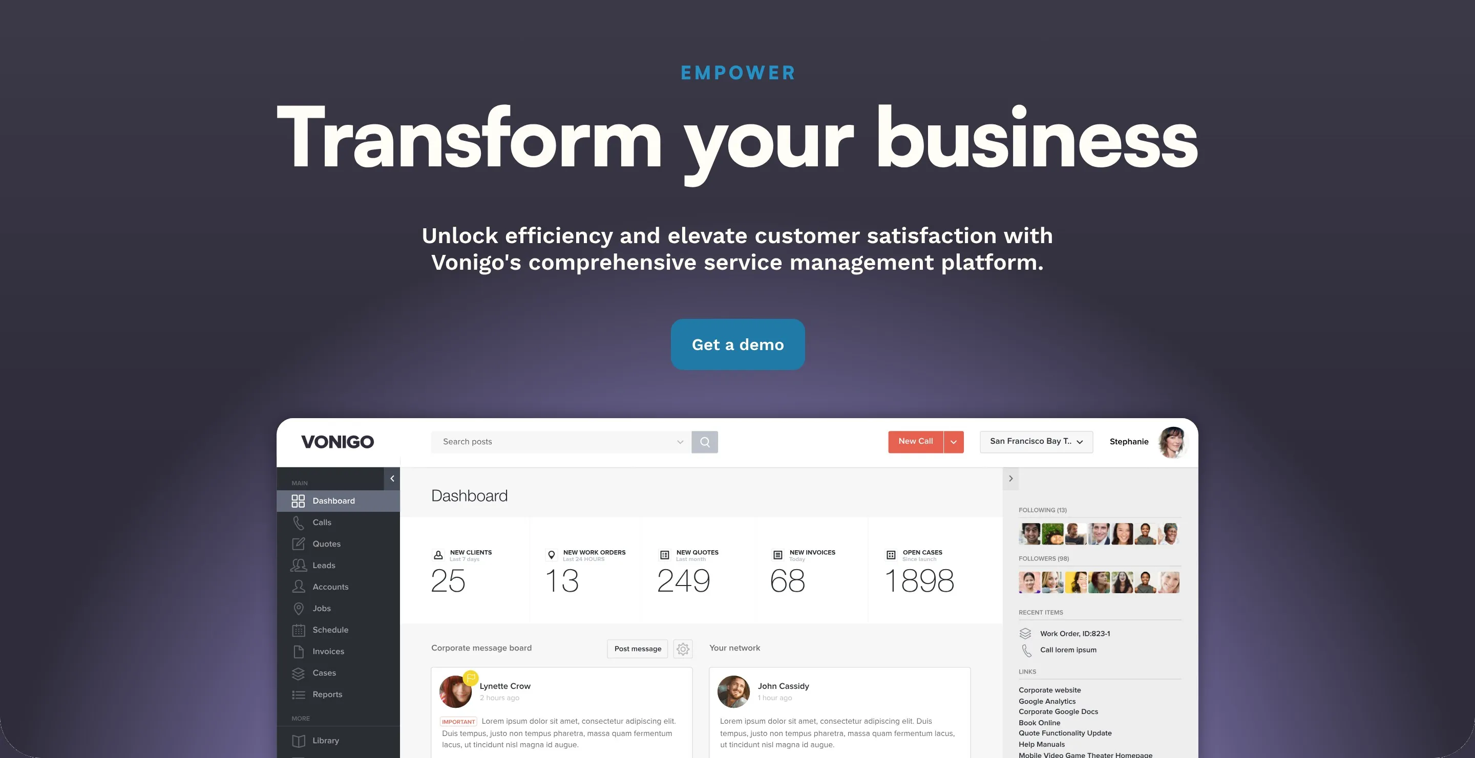Vonigo homepage hero, Transform your business, above the Vonigo dashboard