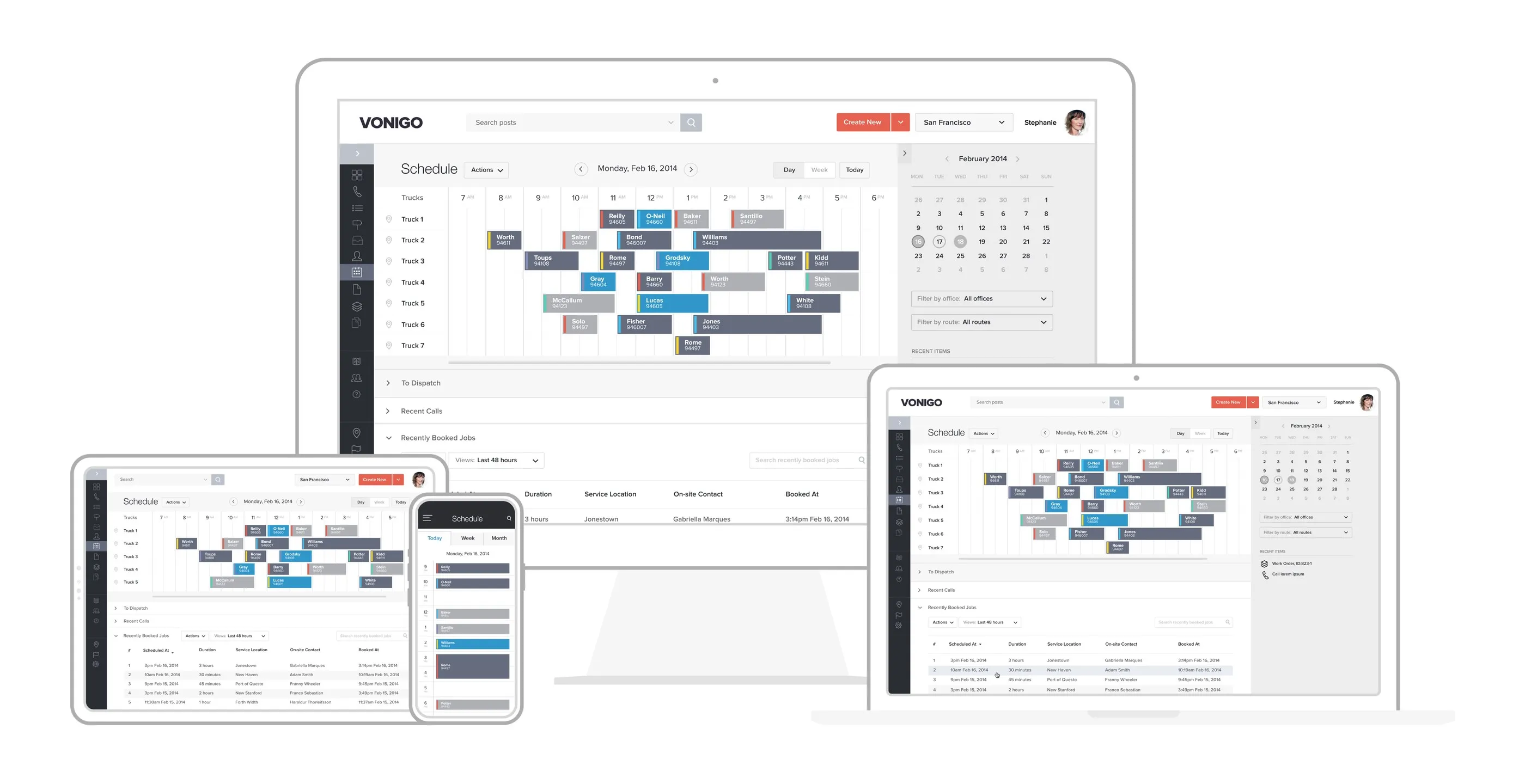Vonigo scheduling software across desktop, laptop, tablet and phone, from our 2014 product UI work