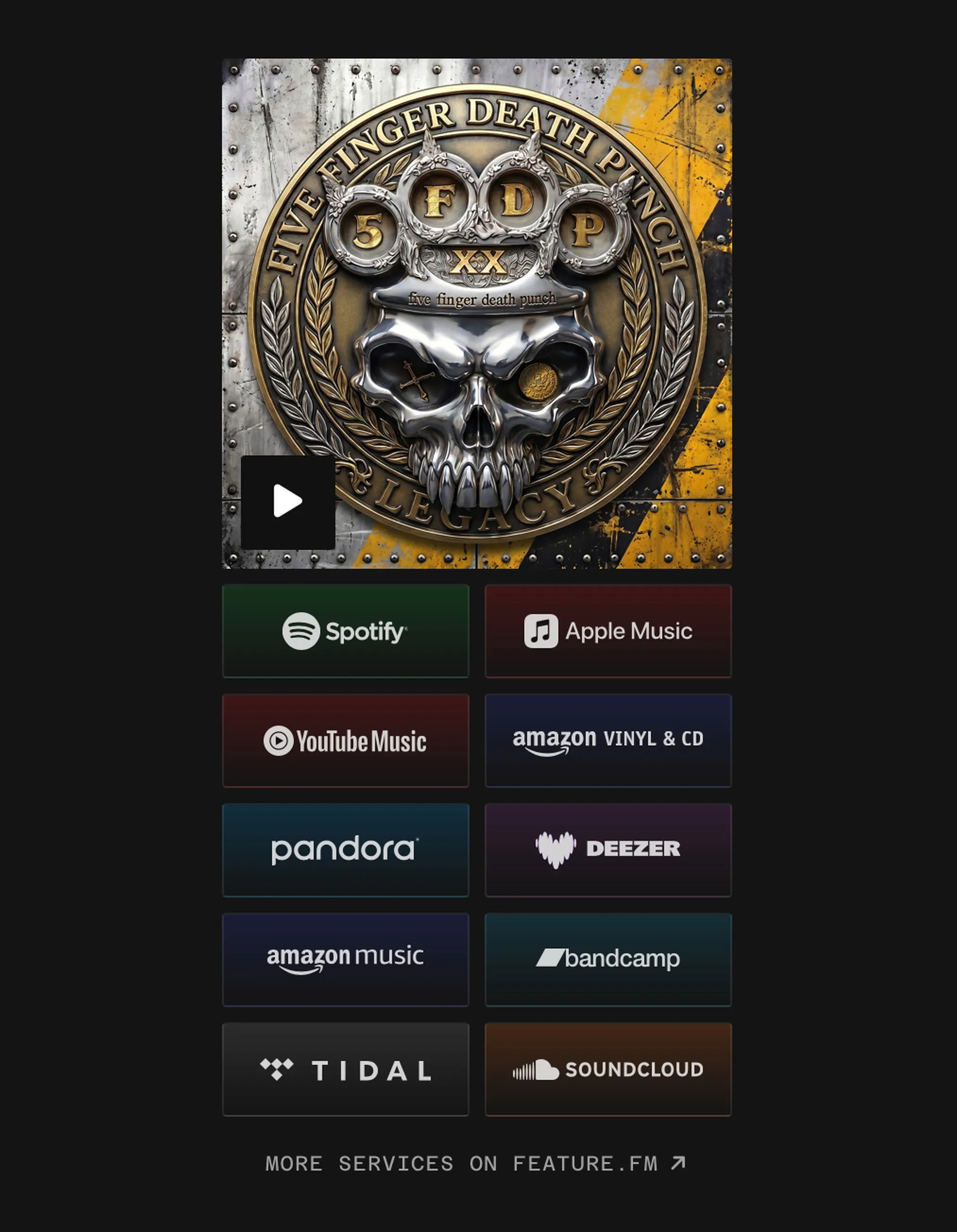 Reproductor de un lanzamiento de Five Finger Death Punch con enlaces a todas las plataformas de streaming