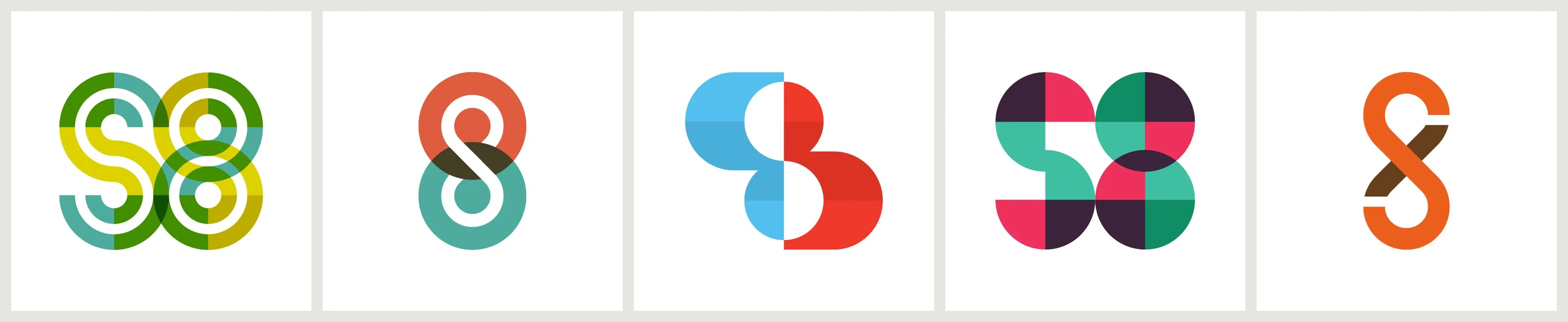 Five logo directions from Brent Couchman’s first round: interlocking rings, two overlapping circles, a split S8, quartered circles and a looping 8