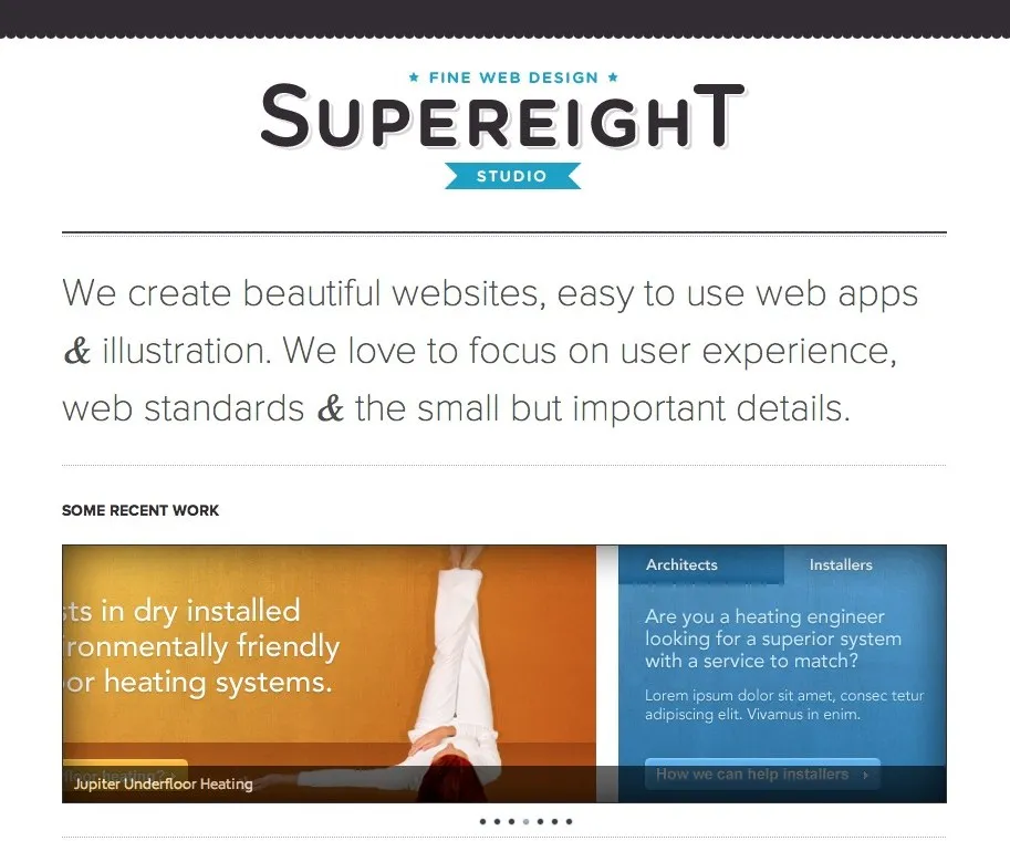 The original Supereight Studio homepage, with the Supereight wordmark, ribbon and a slider of recent work