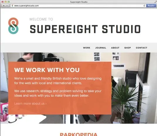 The 2012 Supereight Studio homepage, with the logo, navigation and an orange We work with you panel