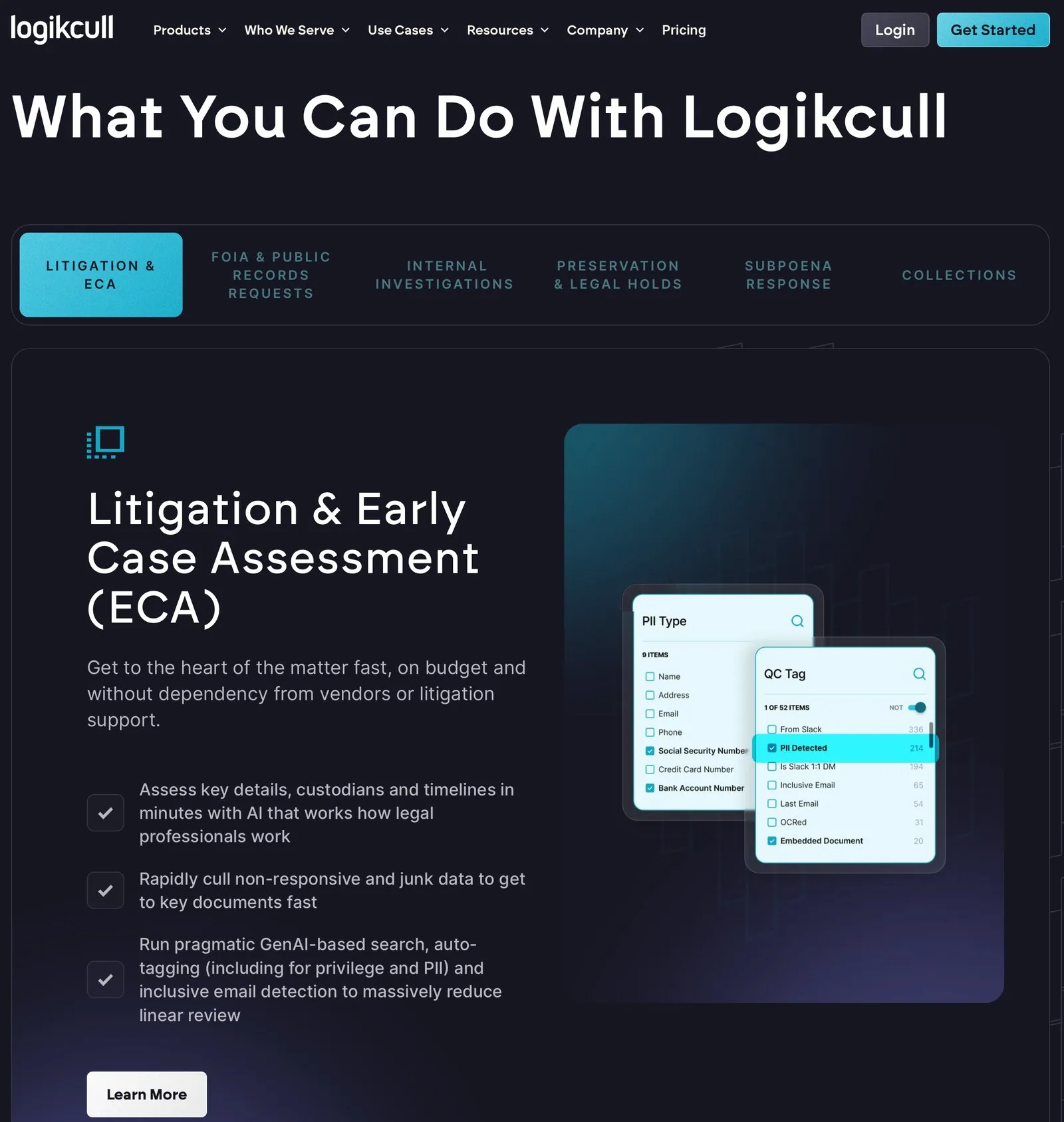 Logikcull website, Litigation and Early Case Assessment section