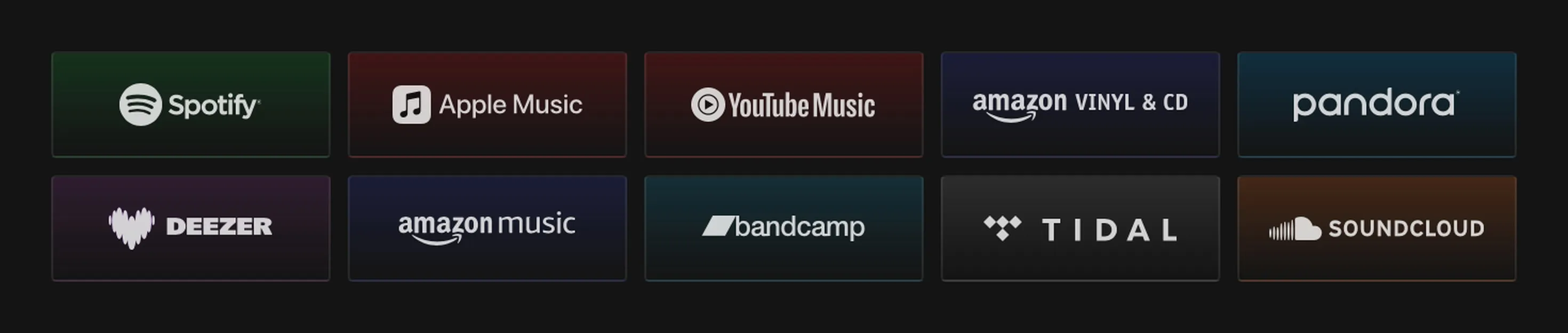 Plataformas de streaming integradas en la web: Spotify, Apple Music, YouTube Music, Amazon, Pandora, Deezer, Amazon Music, Bandcamp, Tidal y SoundCloud