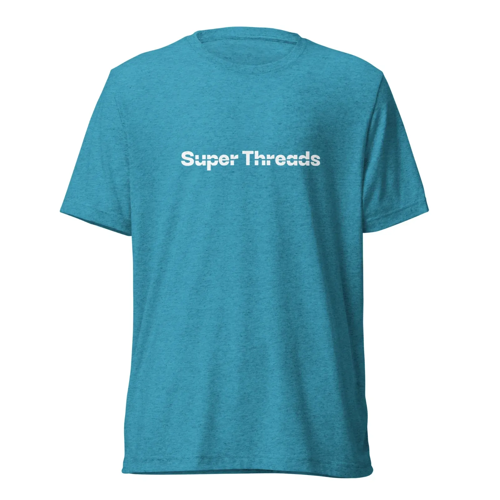 A teal Super Threads T-shirt