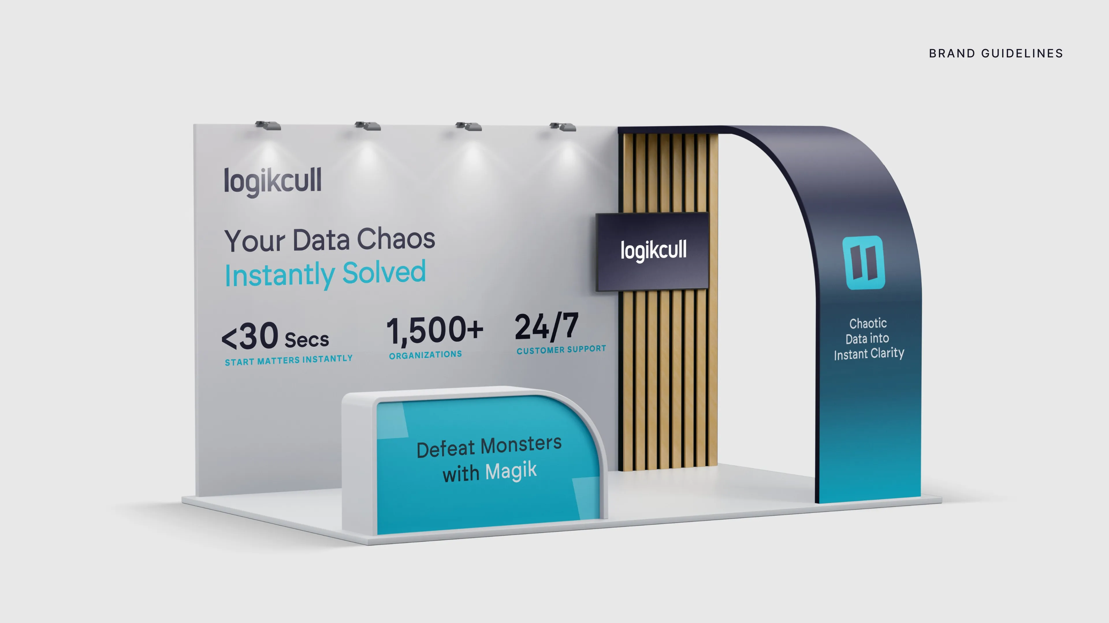 Logikcull trade show booth, Your Data Chaos Instantly Solved, from the brand guidelines