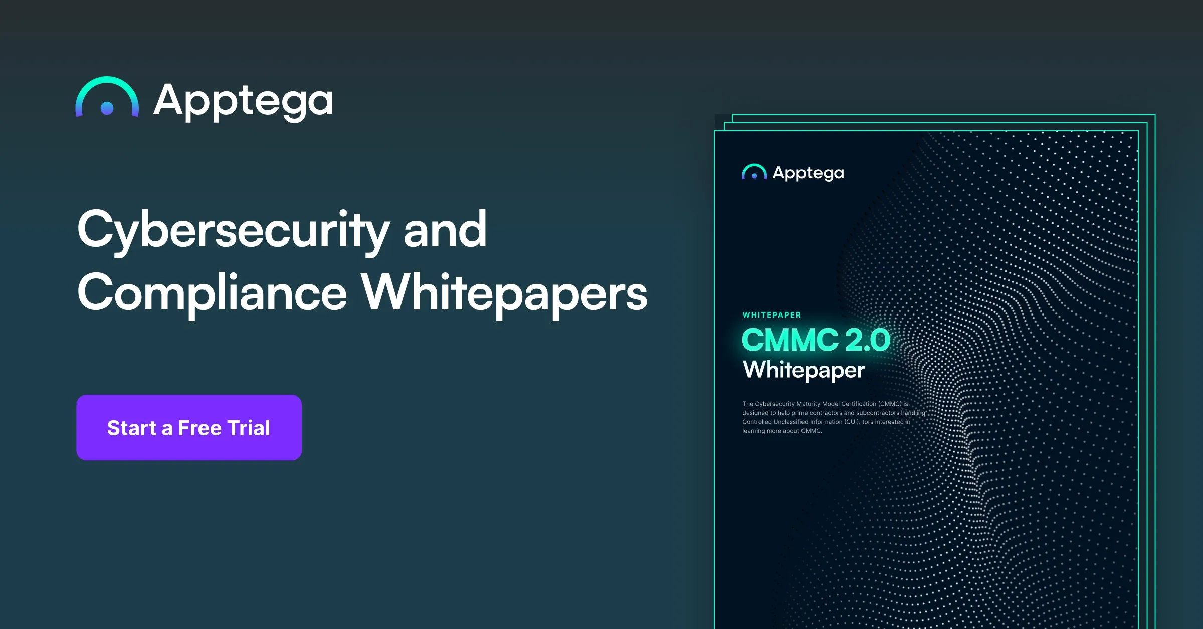 Apptega cybersecurity and compliance whitepapers ad, with the CMMC 2.0 whitepaper cover