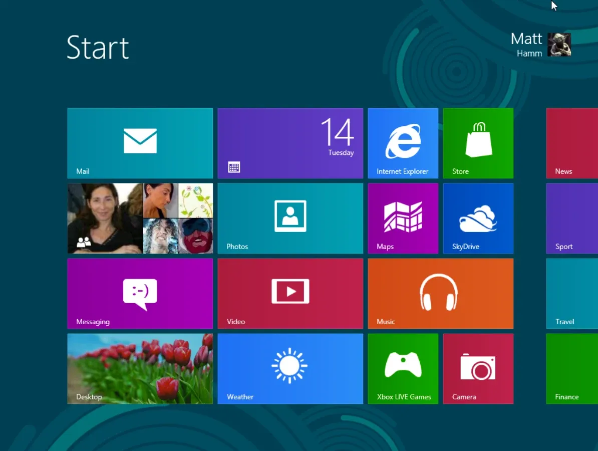 The Windows 8 Start screen, with brightly coloured live tiles