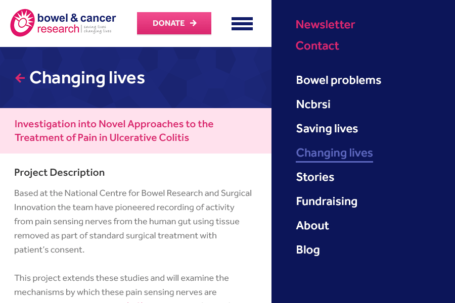 Bowel Cancer Research mobile navigation